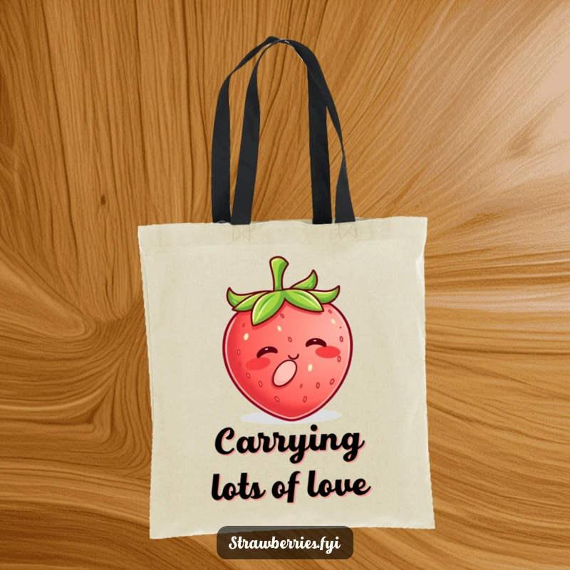 Funny Kawaii Strawberry Tote Bag featuring a happy character puckering its lips for a tiny, sweet kiss.