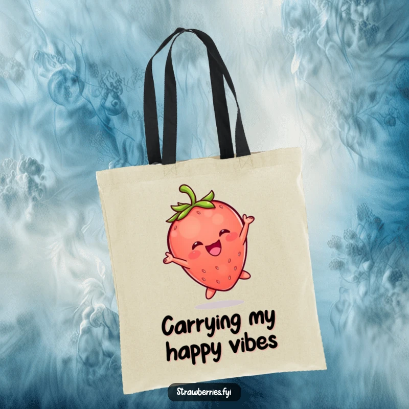 Funny tote bag with a zesty Kawaii strawberry character captured in a joyful, energetic leap, ready for adventure.
