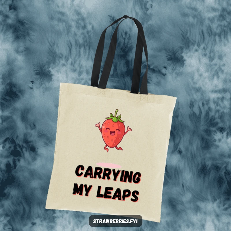Funny tote bag featuring an anthropomorphic strawberry jumping with delight, perfect for carrying daily necessities.
