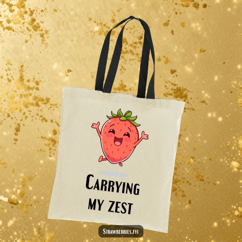 Funny tote bag with an excited strawberry doing a jumping jack, perfect for carrying items with a vibrant, energetic vibe.
