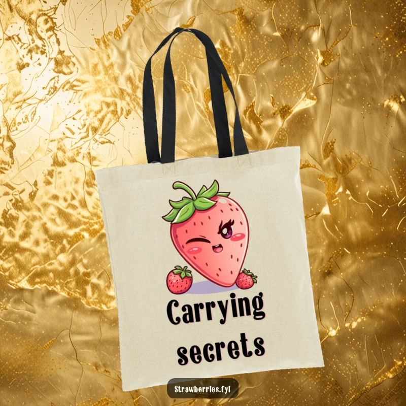 Funny tote bag with a winking strawberry character and a mischievous glint, ideal for shopping with a playful, humorous twist.