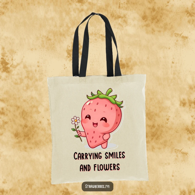 Funny tote bag showcasing a beaming strawberry character with a tiny flower, perfect for eco-friendly, cheerful shopping.