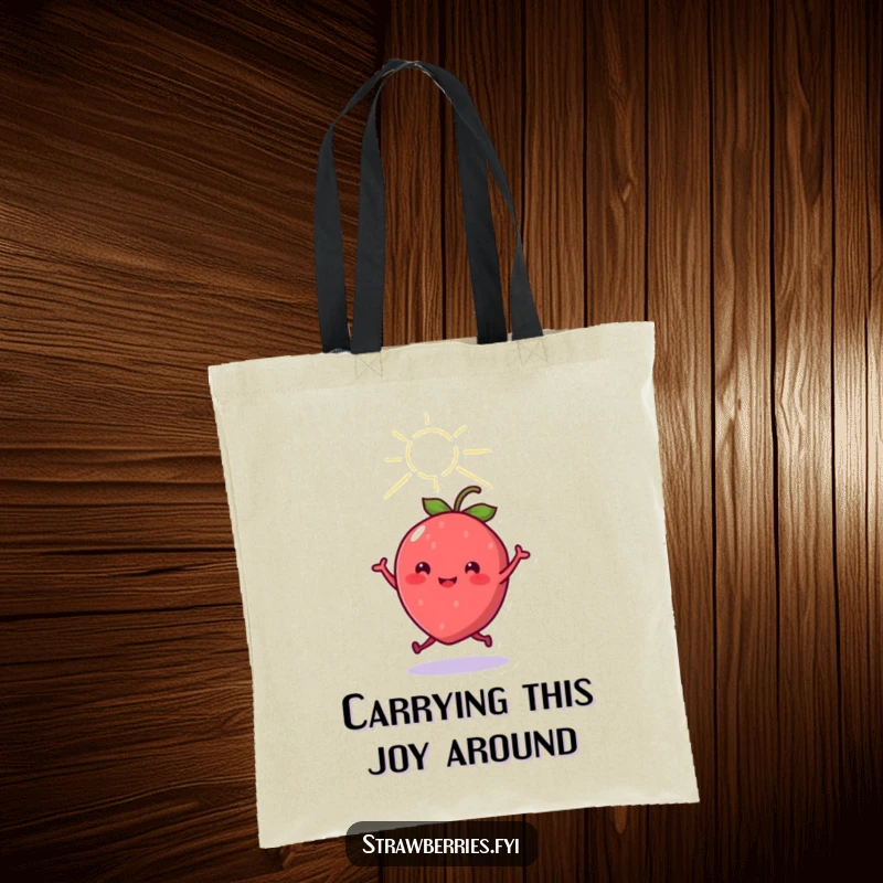 Funny cheerful kawaii strawberry dancing under a sunbeam, printed on a durable tote bag for stylish, humorous carrying of daily essentials.