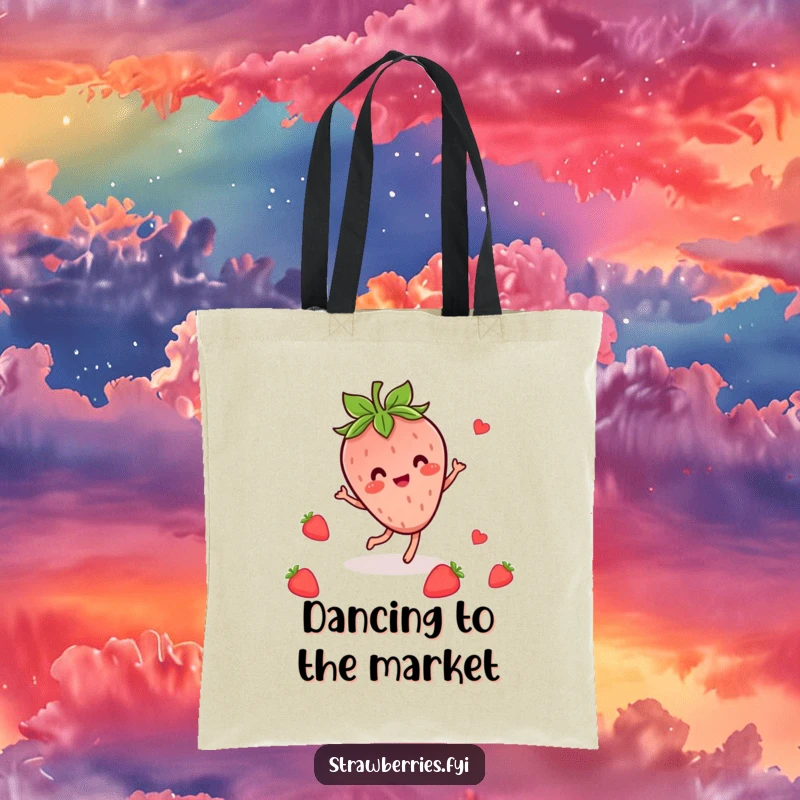 Funny tote bag illustrating a cheerful Kawaii strawberry character in a happy dance pose with leafy accents.