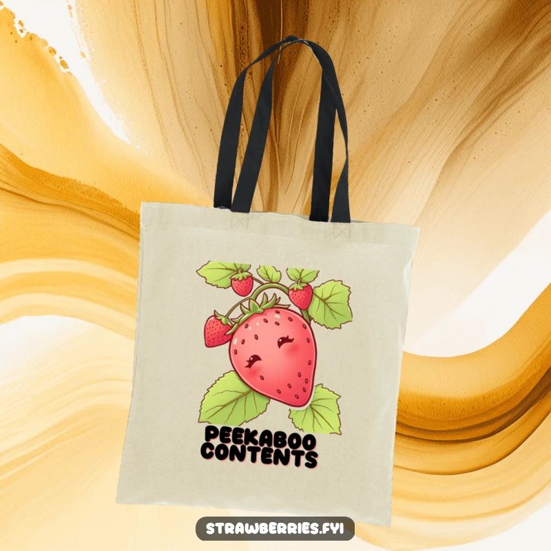 Funny tote bag featuring a curious strawberry peeking out from a vine, a charming and amusing everyday accessory.