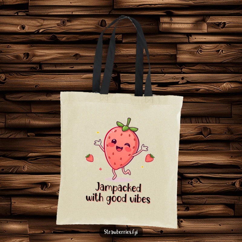 Funny tote bag featuring a gleeful anthropomorphic strawberry in a dynamic dancing pose, perfect for shoppers.