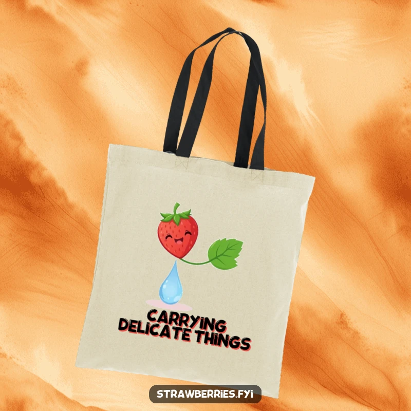 Funny tote bag featuring a delighted strawberry balancing on a dewdrop, a charming and amusing accessory.