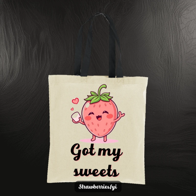 Funny tote bag showing a giggling strawberry character juggling a sugar cube, perfect for carrying items with a sweet and humorous theme.