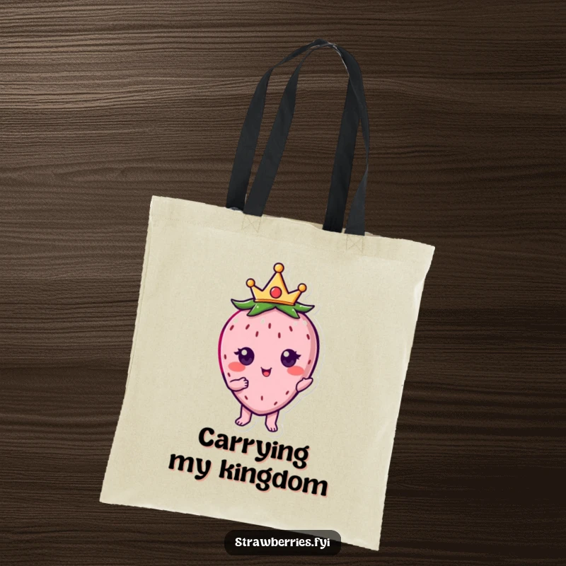 Funny kawaii strawberry character wearing a small crown, posing elegantly on this humorous tote bag.