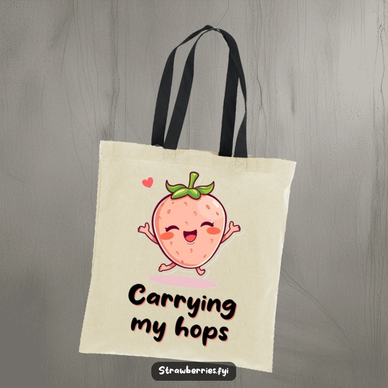 Funny Kawaii strawberry character in a joyful hop with a wink on a durable tote bag, ideal for daily use.