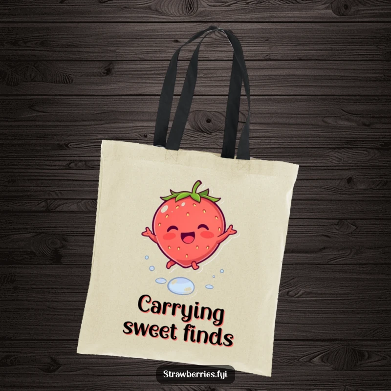 Funny tote bag with a joyous kawaii strawberry character leaping playfully over a dewdrop, perfect for carrying items with cuteness.