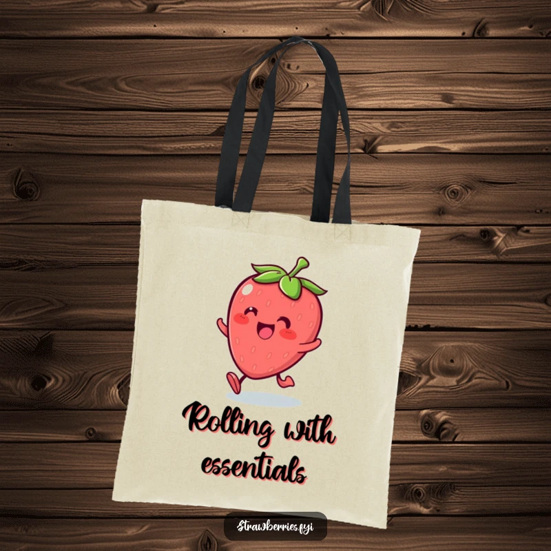 Funny Kawaii strawberry character rolling with glee on a durable tote bag, ideal for daily use.