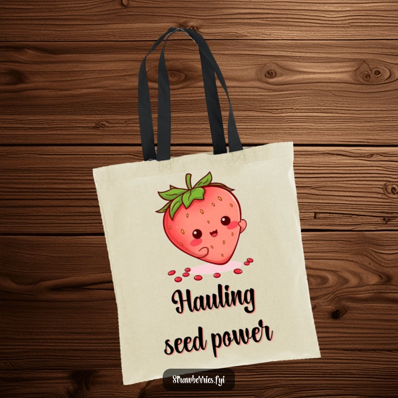 Funny Kawaii Strawberry Tote Bag featuring a happy character performing a playful flourish with its seeds.