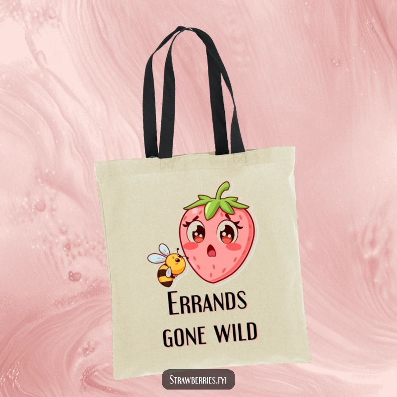 Funny strawberry character's funny reaction to a bee, durable tote bag, perfect for shopping and gifts.