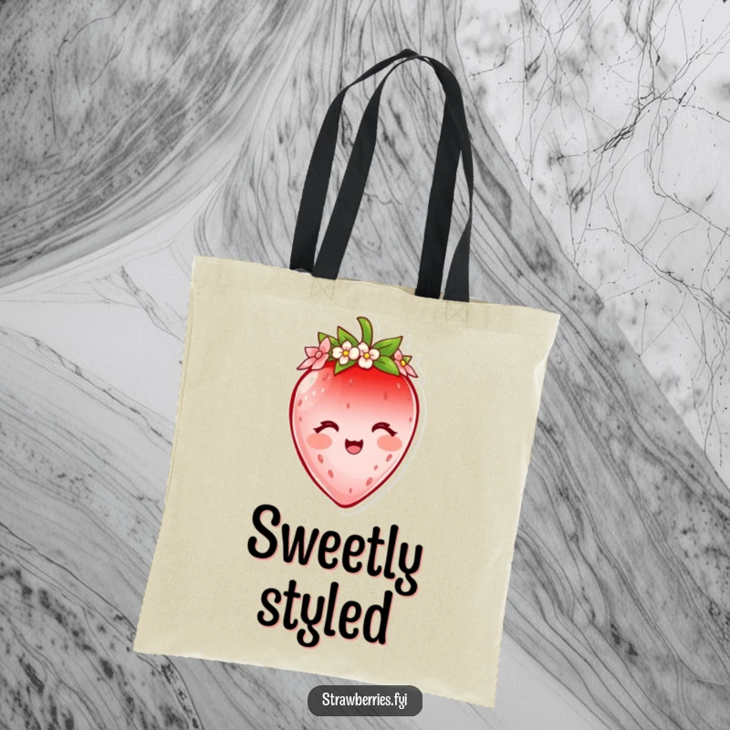 Funny strawberry tote bag featuring a delighted character wearing a tiny flower petal crown, perfect for carrying items stylishly.