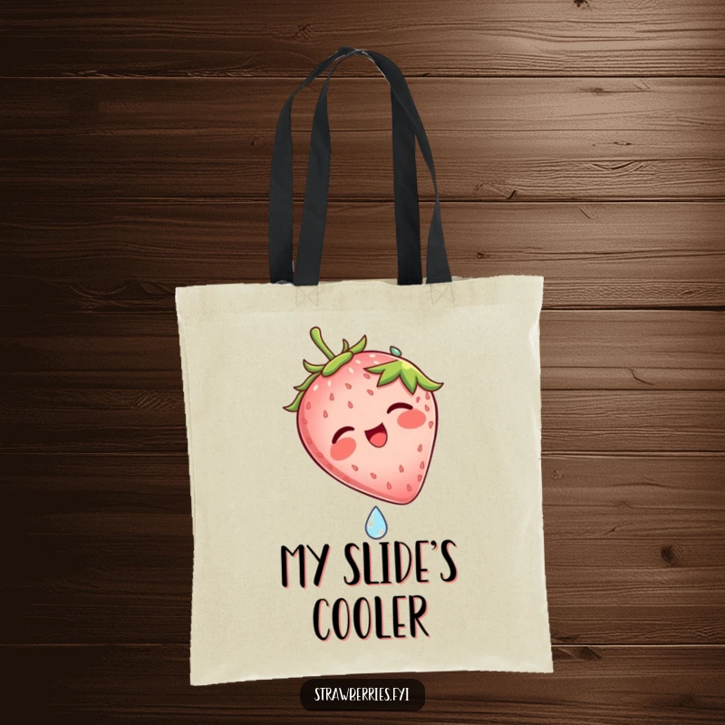 Funny tote bag illustrating a joyful strawberry character laughing heartily while sliding down a dew drop, capturing a moment of pure bliss.