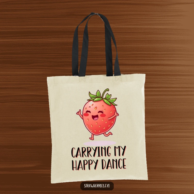 Funny tote bag with a cheerful strawberry doing a happy dance on a leaf, a cute and amusing accessory.