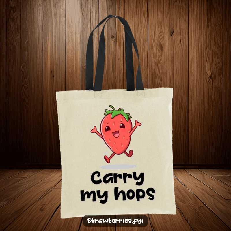 Funny tote bag illustrating a cheerful strawberry character doing small excited hops, perfect for carrying items with a sense of fun.