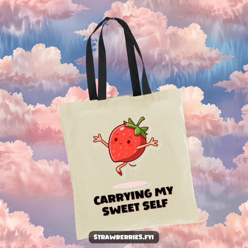 Funny Tote Bag with a joyful strawberry character doing a pirouette, perfect for groceries or daily use.
