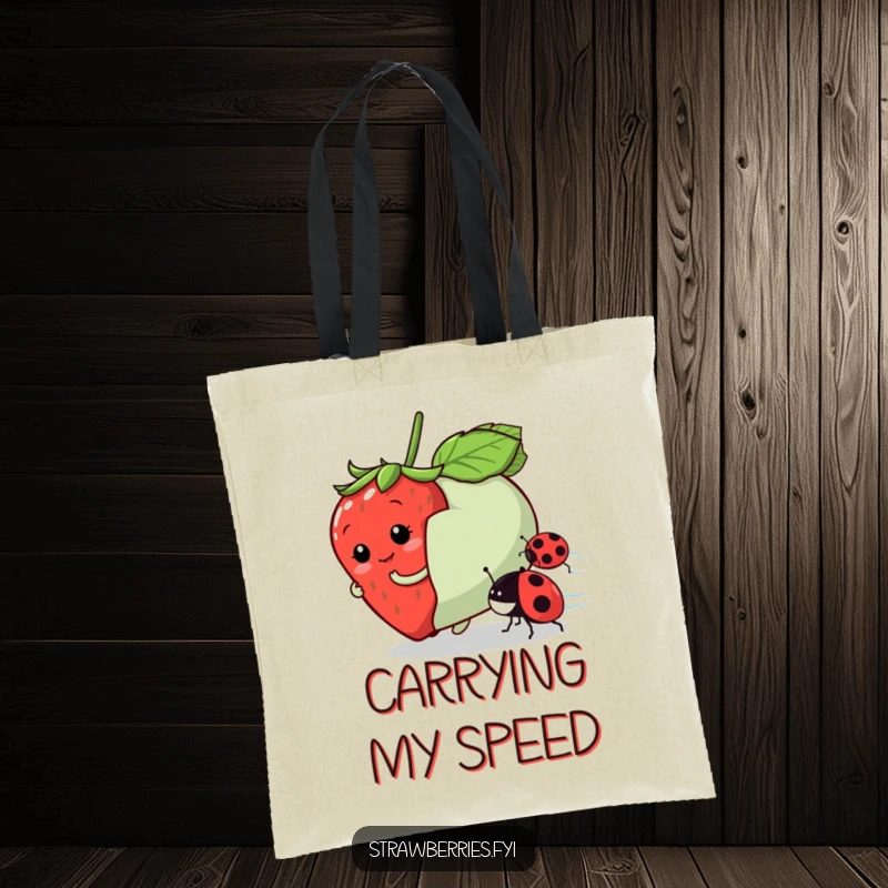 Funny tote bag featuring a playful strawberry character racing a ladybug, a humorous and practical accessory.