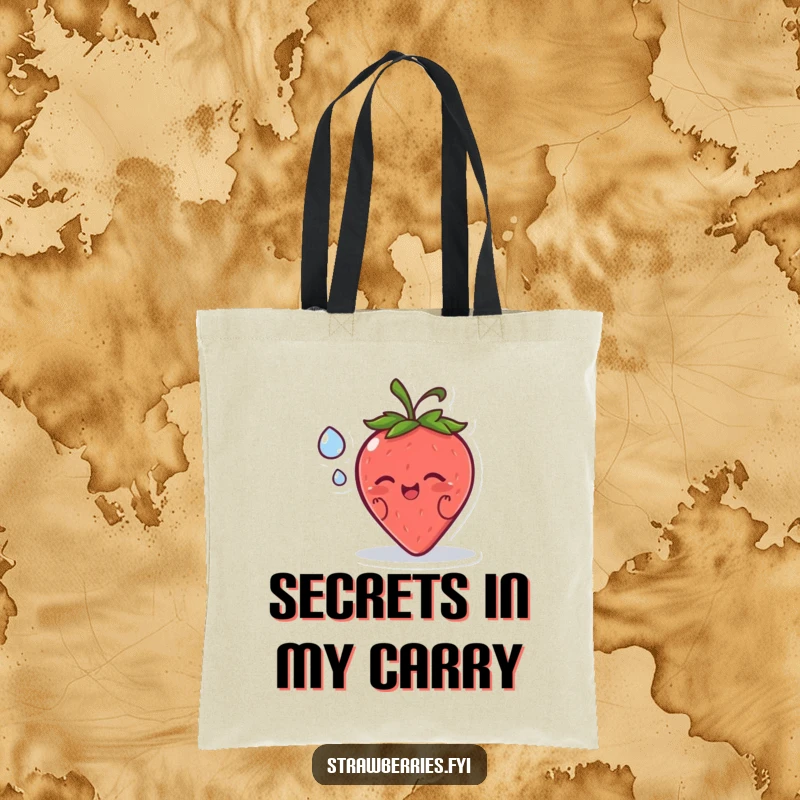 Funny tote bag featuring a happy strawberry character sharing a secret with a dewdrop, a charmingly humorous accessory.