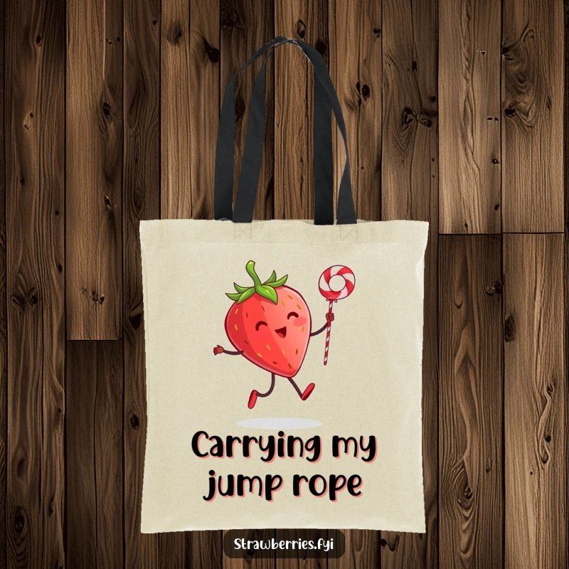 Funny tote bag featuring a strawberry character with tiny legs skipping rope with a licorice string, perfect for carrying essentials with humor.