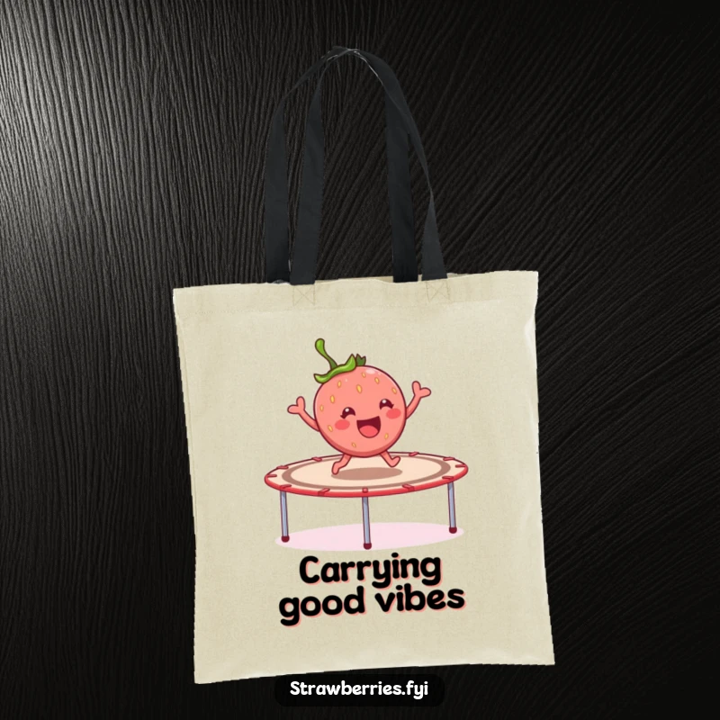 Funny cheerful strawberry character joyfully bouncing on a giant trampoline, a humorous and practical tote bag.