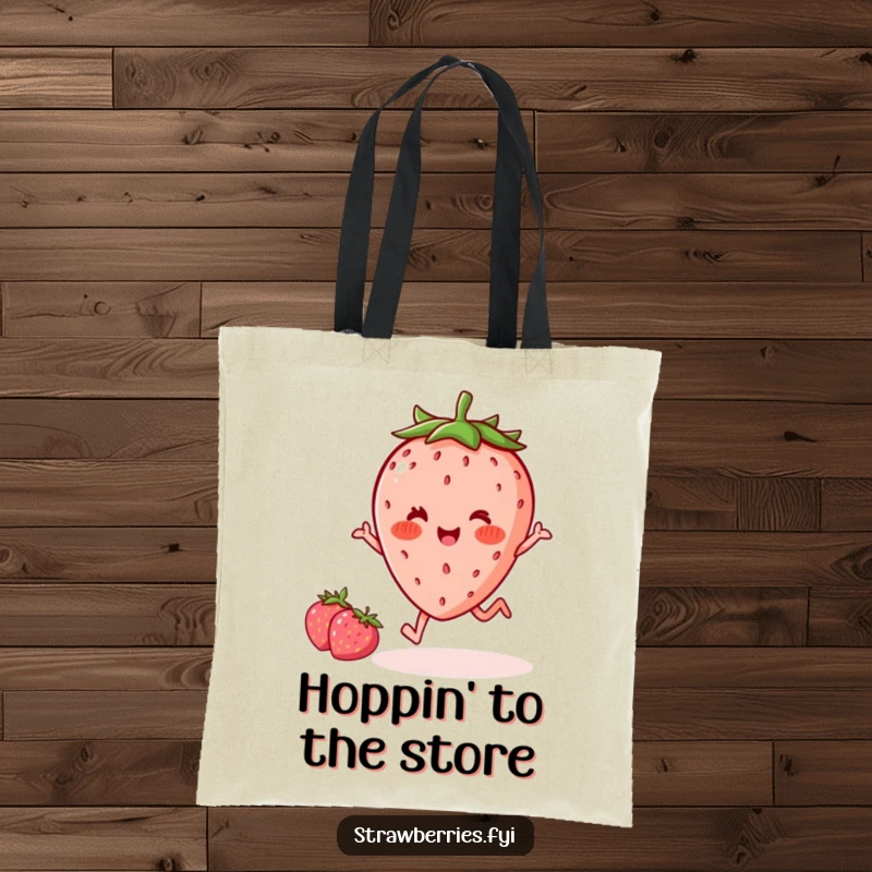 Funny delighted kawaii strawberry with rosy cheeks doing a hop, printed on a durable tote bag for stylish, humorous carrying.
