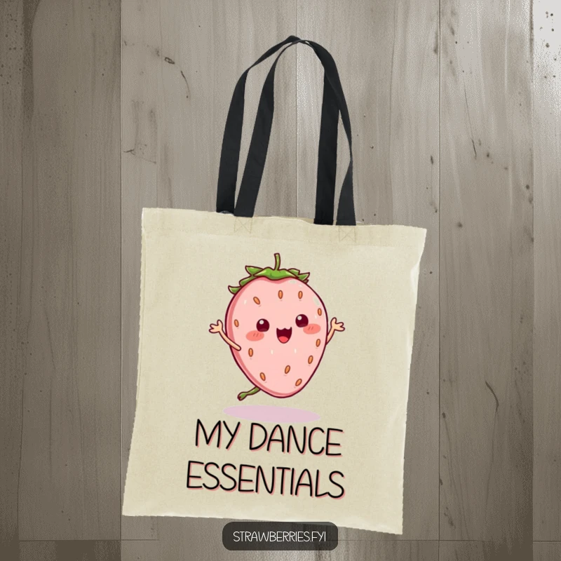 Funny Tote Bag: Kawaii strawberry character in a fun, silly dance, its wobbly seeds adding a playful, humorous element.