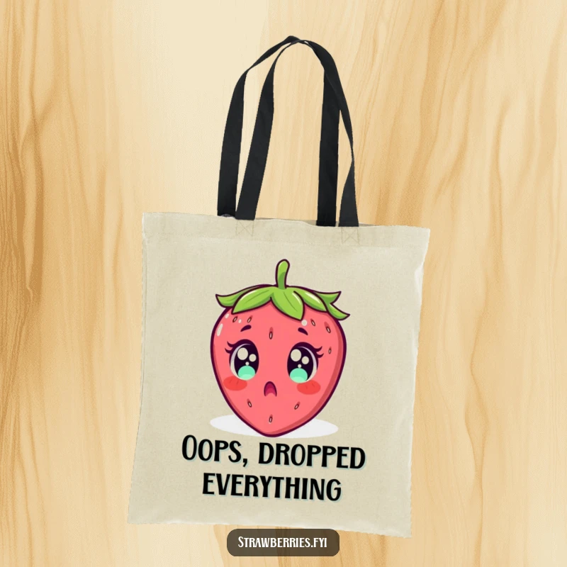 Funny tote bag featuring a surprised strawberry with wide eyes, comically falling backwards, a humorous design.