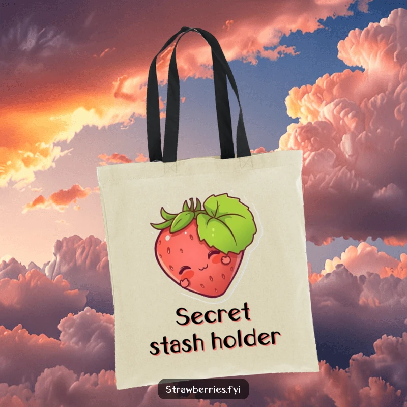 Funny tote bag with a strawberry character peeking from behind a leaf, ideal for shopping with a playful, humorous twist.
